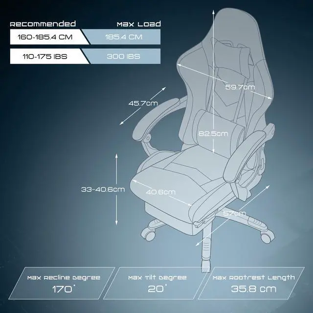Alt view image 7 of 7 - Dowinx Ergonomic Gaming Chair with Massage Lumbar Support, High Back Office Computer Chair with Footrest, Racing Style Recliner PU Leather Gamer Chairs, Grey