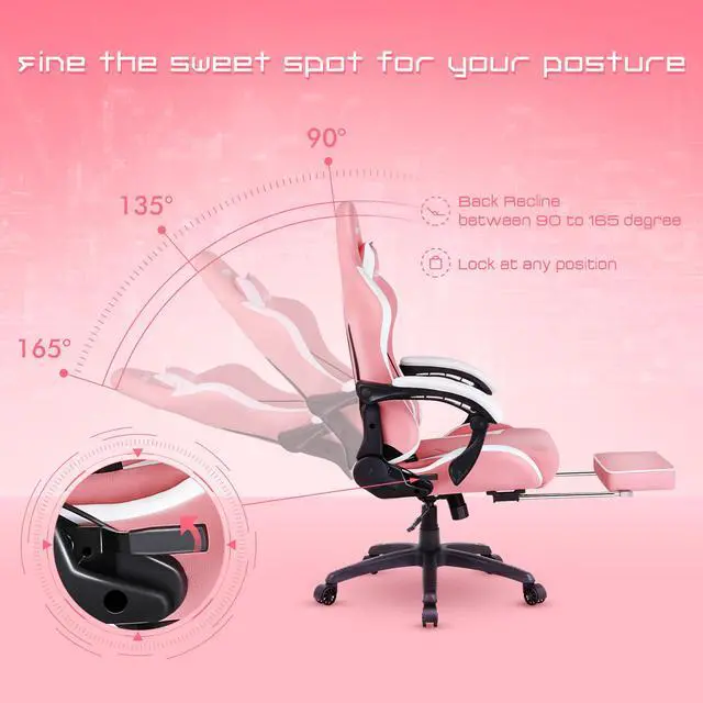 Alt view image 4 of 7 - Dowinx Ergonomic Gaming Chair with Massage Lumbar Support, High Back Office Computer Chair with Footrest, Racing Style Recliner PU Leather Gamer Chairs, Pink