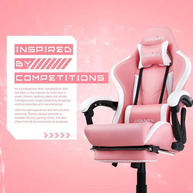 Alt view image 6 of 7 - Dowinx Ergonomic Gaming Chair with Massage Lumbar Support, High Back Office Computer Chair with Footrest, Racing Style Recliner PU Leather Gamer Chairs, Pink