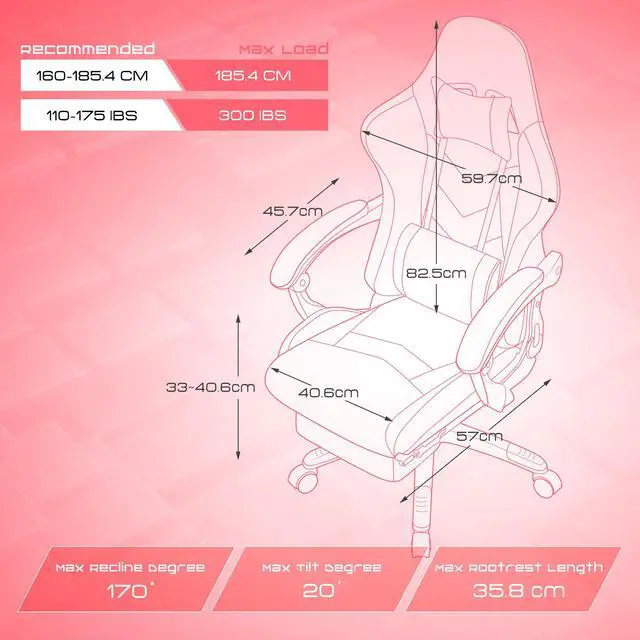 Alt view image 7 of 7 - Dowinx Ergonomic Gaming Chair with Massage Lumbar Support, High Back Office Computer Chair with Footrest, Racing Style Recliner PU Leather Gamer Chairs, Pink