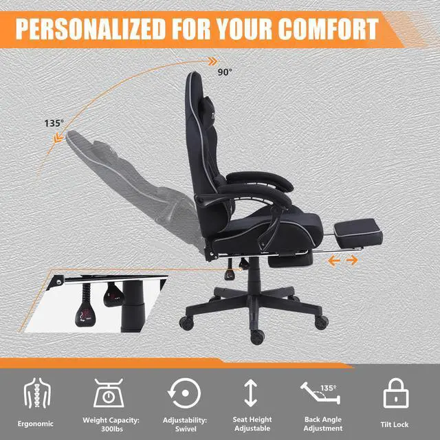 Alt view image 4 of 5 - Dowinx Fabric Gaming Chair with Pocket Spring Cushion, Ergonomic Computer Chair with Footrest, Cloth Gamer Chair with Massage Lumbar Support and Headrest, Black