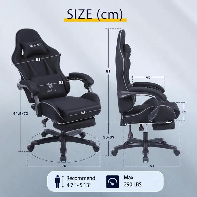 Alt view image 5 of 5 - Dowinx Fabric Gaming Chair with Pocket Spring Cushion, Ergonomic Computer Chair with Footrest, Cloth Gamer Chair with Massage Lumbar Support and Headrest, Black
