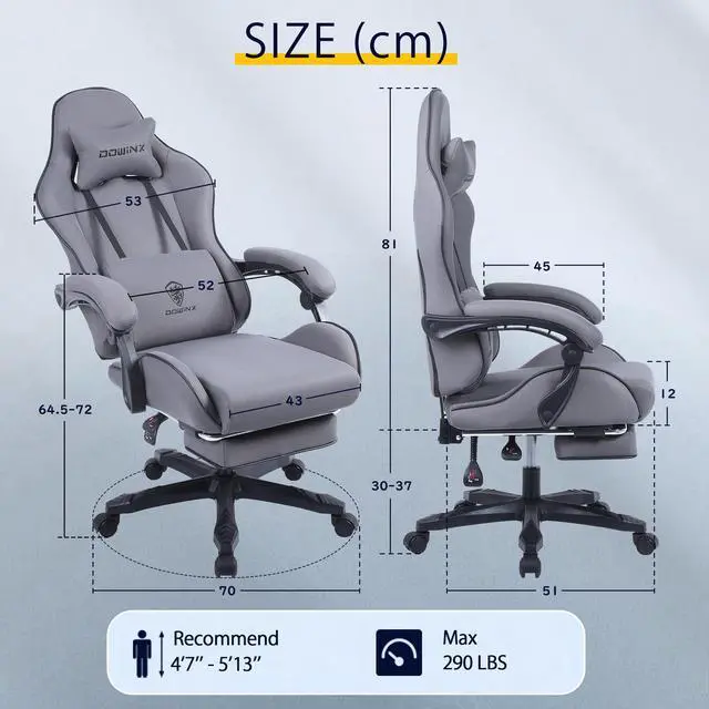 Alt view image 6 of 7 - Dowinx Fabric Gaming Chair with Pocket Spring Cushion, Ergonomic Computer Chair with Footrest, Cloth Gamer Chair with Massage Lumbar Support and Headrest, Dark Grey