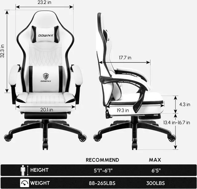 Alt view image 7 of 7 - Dowinx Gaming Chair with Pocket Spring Cushion Vintage Style, Breathable PU Leather Gamer Chair, Ergonomic Computer Chair with Massage Lumbar Support and Footrest (Black White)
