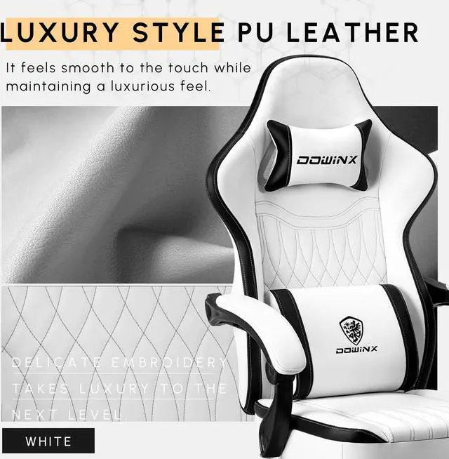 Alt view image 4 of 7 - Dowinx Gaming Chair with Pocket Spring Cushion Vintage Style, Breathable PU Leather Gamer Chair, Ergonomic Computer Chair with Massage Lumbar Support and Footrest (Black White)