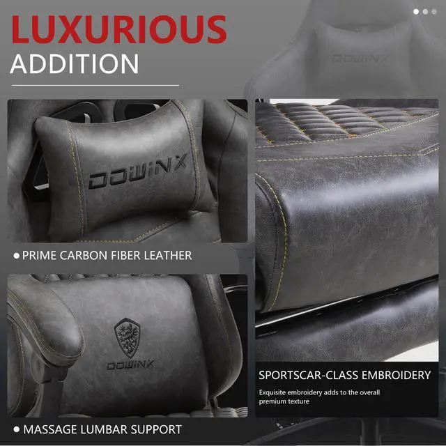 Alt view image 2 of 7 - Dowinx High Back Gaming Chair with Massage Lumbar Support, Game Chair with Adjustable Headrest, Ergonomic Office Chair, Racing Chair with Footrest, PU Leather, Grey