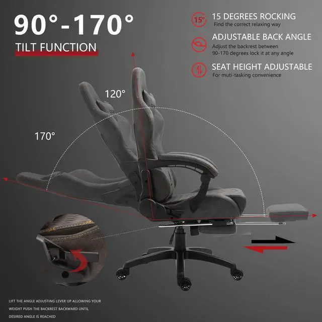 Alt view image 4 of 7 - Dowinx High Back Gaming Chair with Massage Lumbar Support, Game Chair with Adjustable Headrest, Ergonomic Office Chair, Racing Chair with Footrest, PU Leather, Grey