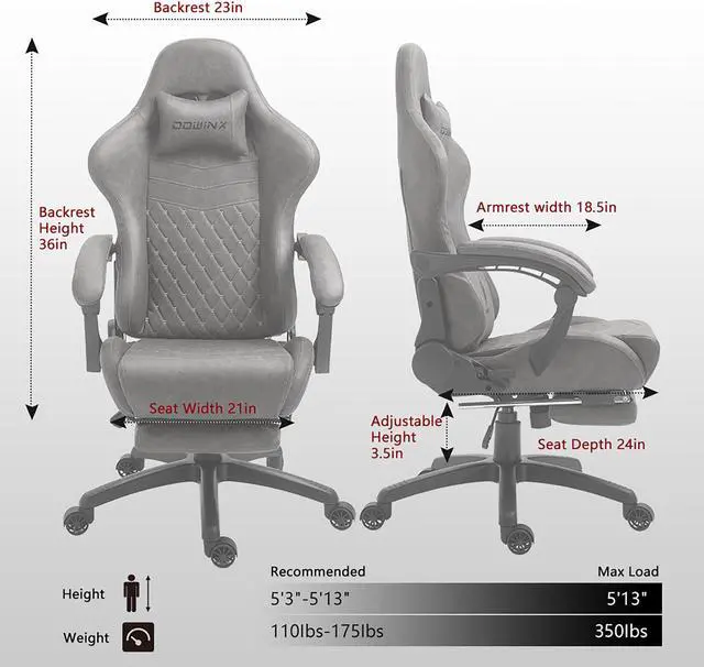 Alt view image 7 of 7 - Dowinx High Back Gaming Chair with Massage Lumbar Support, Game Chair with Adjustable Headrest, Ergonomic Office Chair, Racing Chair with Footrest, PU Leather, Grey