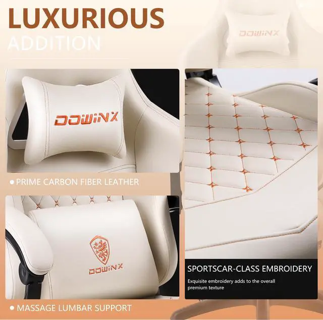 Alt view image 2 of 7 - Dowinx High Back Gaming Chair with Massage Lumbar Support, Game Chair with Adjustable Headrest, Ergonomic Office Chair, Racing Chair with Footrest, PU Leather, White