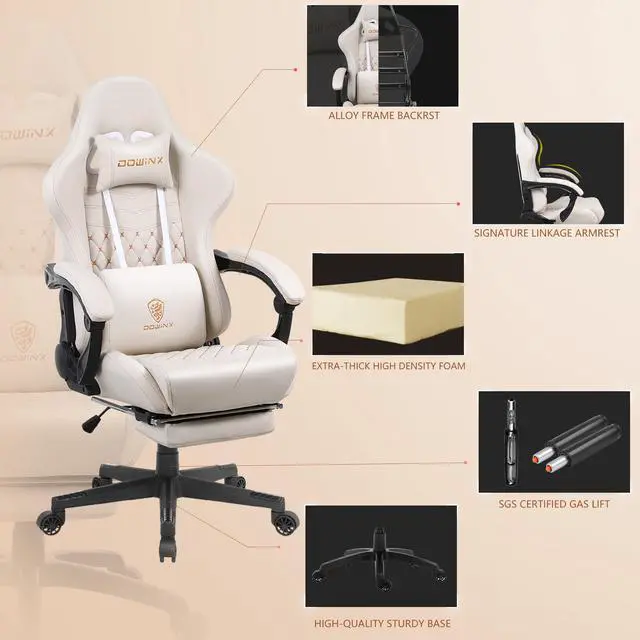 Alt view image 3 of 7 - Dowinx High Back Gaming Chair with Massage Lumbar Support, Game Chair with Adjustable Headrest, Ergonomic Office Chair, Racing Chair with Footrest, PU Leather, White