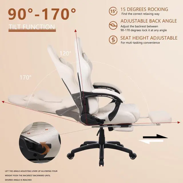 Alt view image 4 of 7 - Dowinx High Back Gaming Chair with Massage Lumbar Support, Game Chair with Adjustable Headrest, Ergonomic Office Chair, Racing Chair with Footrest, PU Leather, White