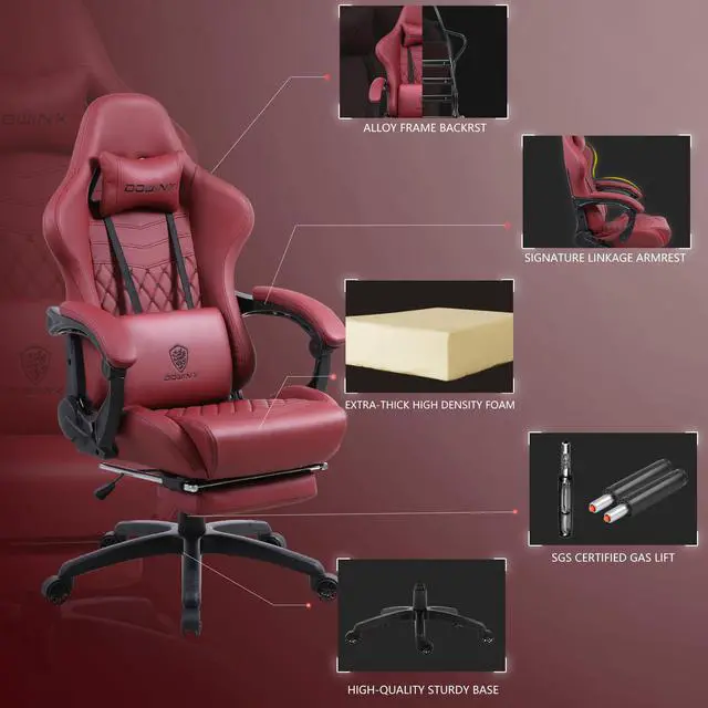 Alt view image 3 of 7 - Dowinx High Back Gaming Chair with Massage Lumbar Support, Adjustable Handrests, Office Desk Chair Racing Chair with Footrest, PU Leather, Red
