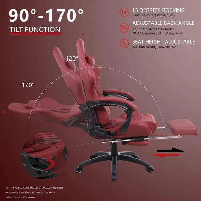 Alt view image 4 of 7 - Dowinx High Back Gaming Chair with Massage Lumbar Support, Adjustable Handrests, Office Desk Chair Racing Chair with Footrest, PU Leather, Red