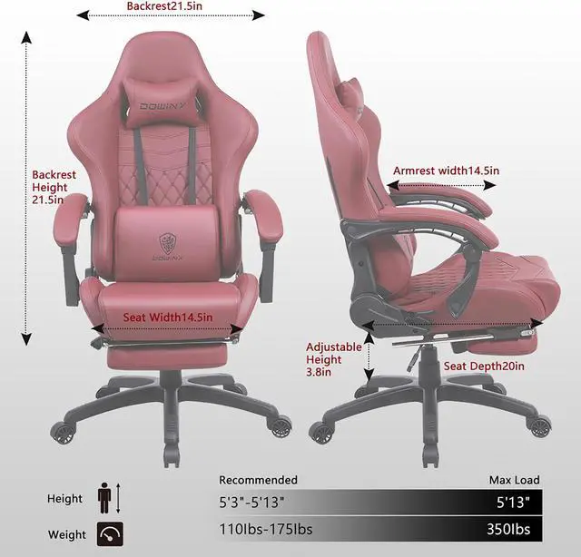 Alt view image 7 of 7 - Dowinx High Back Gaming Chair with Massage Lumbar Support, Adjustable Handrests, Office Desk Chair Racing Chair with Footrest, PU Leather, Red