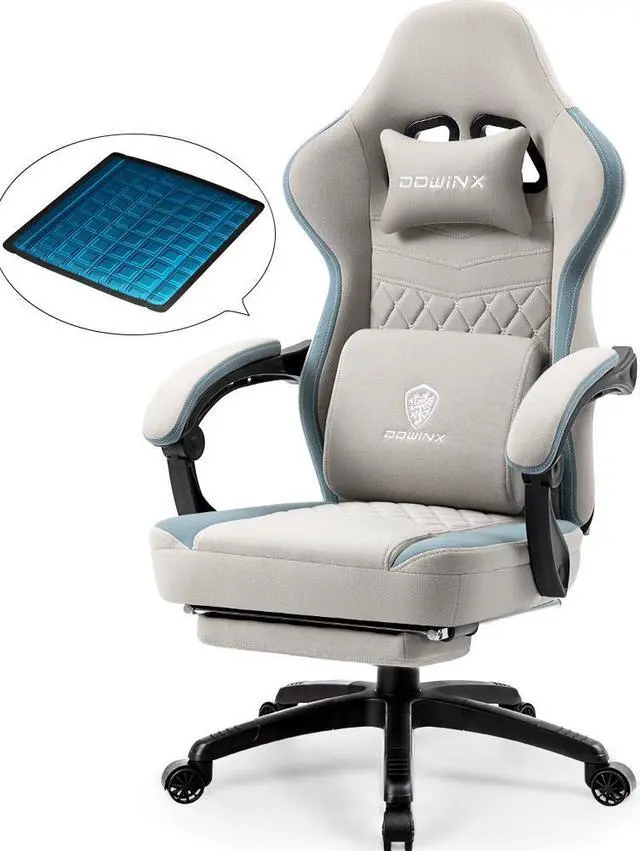 Main image of Dowinx Gaming Chair with Pocket Spring Cushion, Breathable Fabric Computer Chair with Gel Pad, Comfortable Office Chair with Storage Bag, Massage Game Chair with Footrest, Grey