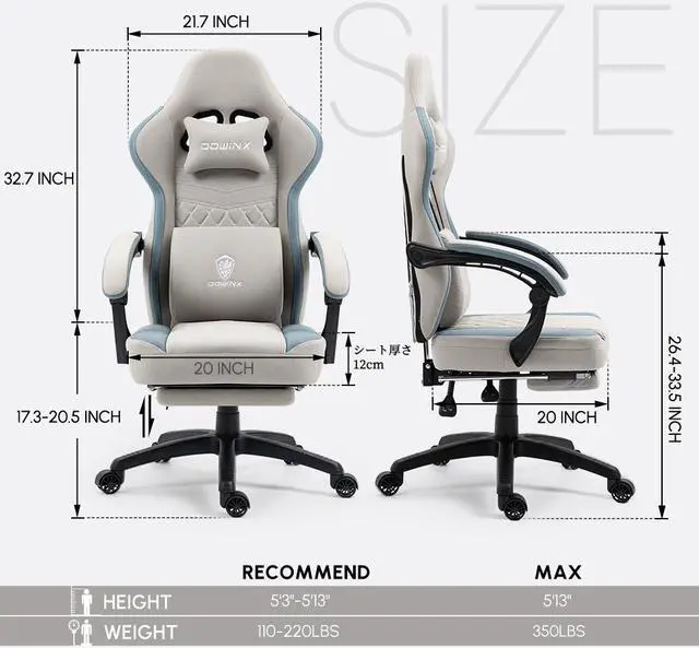 Alt view image 7 of 7 - Dowinx Gaming Chair with Pocket Spring Cushion, Breathable Fabric Computer Chair with Gel Pad, Comfortable Office Chair with Storage Bag, Massage Game Chair with Footrest, Grey