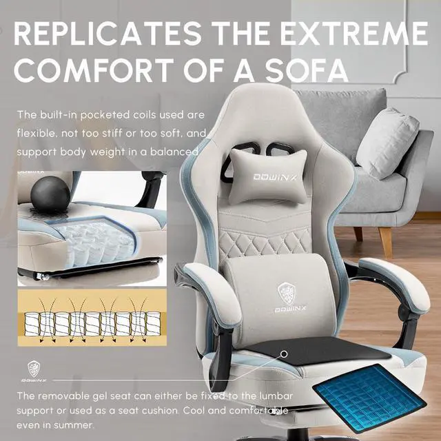 Alt view image 2 of 7 - Dowinx Gaming Chair with Pocket Spring Cushion, Breathable Fabric Computer Chair with Gel Pad, Comfortable Office Chair with Storage Bag, Massage Game Chair with Footrest, Grey