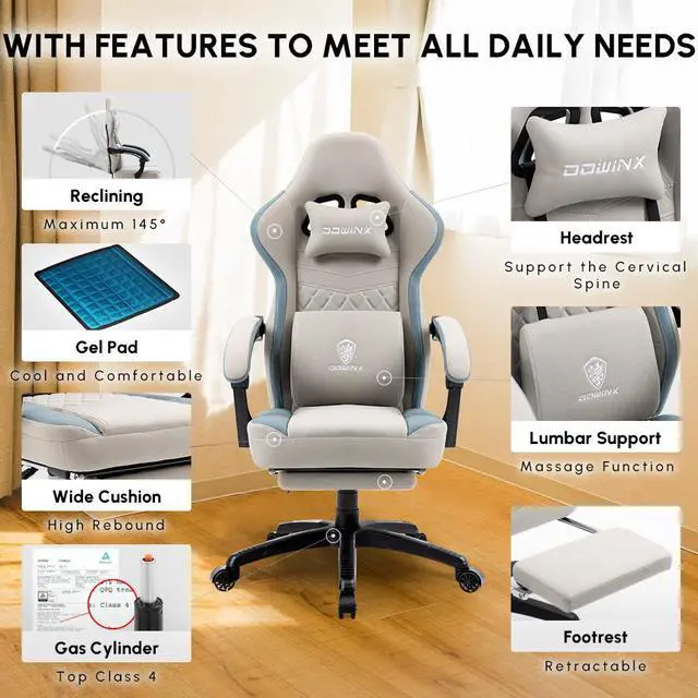 Alt view image 6 of 7 - Dowinx Gaming Chair with Pocket Spring Cushion, Breathable Fabric Computer Chair with Gel Pad, Comfortable Office Chair with Storage Bag, Massage Game Chair with Footrest, Grey