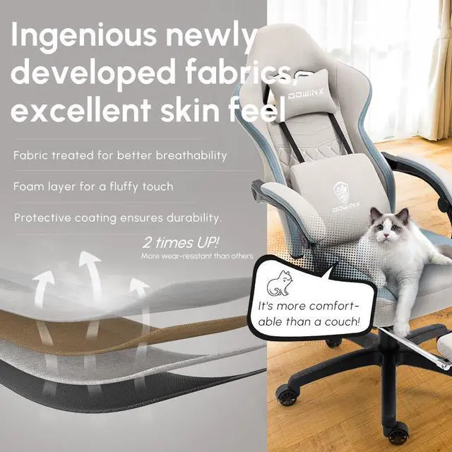 Alt view image 3 of 7 - Dowinx Gaming Chair with Pocket Spring Cushion, Breathable Fabric Computer Chair with Gel Pad, Comfortable Office Chair with Storage Bag, Massage Game Chair with Footrest, Grey