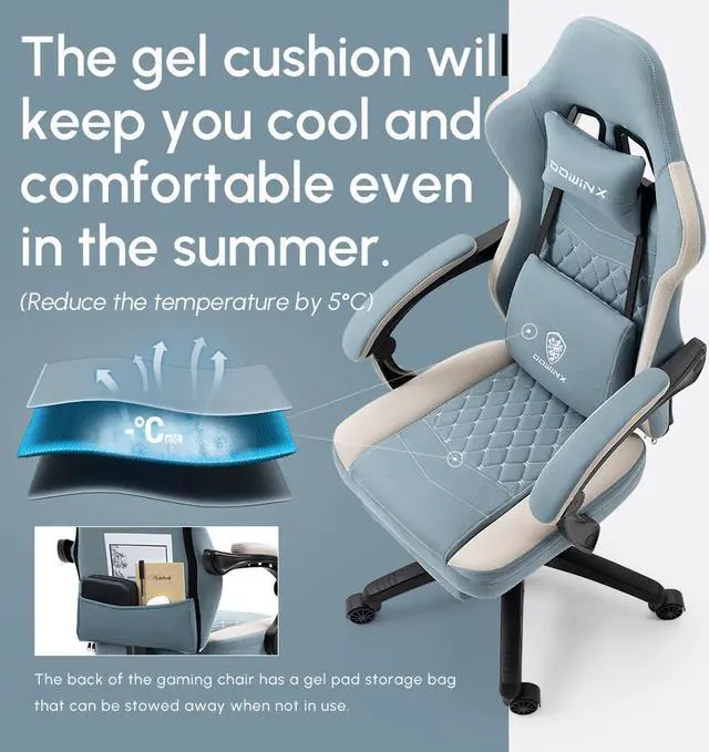 Alt view image 5 of 7 - Dowinx Gaming Chair with Pocket Spring Cushion, Breathable Fabric Computer Chair with Gel Pad, Comfortable Office Chair with Storage Bag, Massage Game Chair with Footrest, Blue