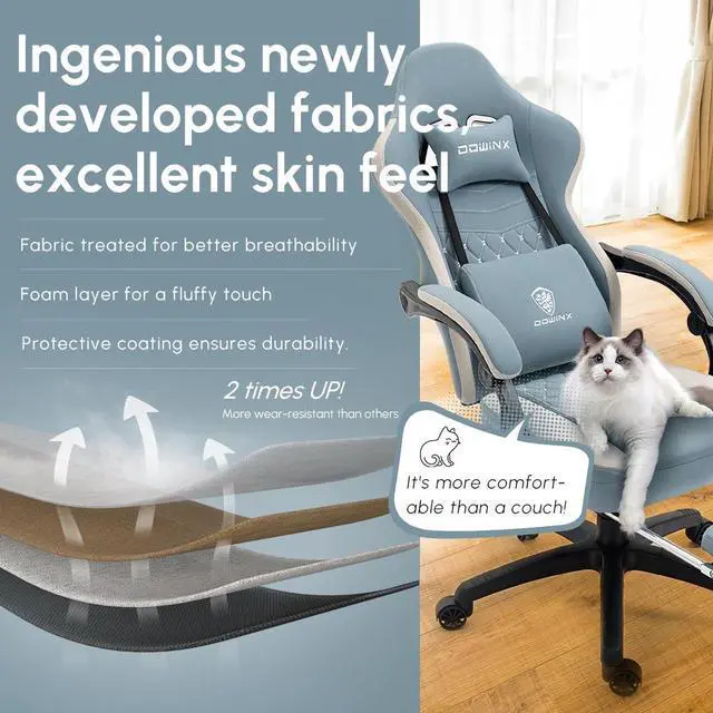 Alt view image 3 of 7 - Dowinx Gaming Chair with Pocket Spring Cushion, Breathable Fabric Computer Chair with Gel Pad, Comfortable Office Chair with Storage Bag, Massage Game Chair with Footrest, Blue