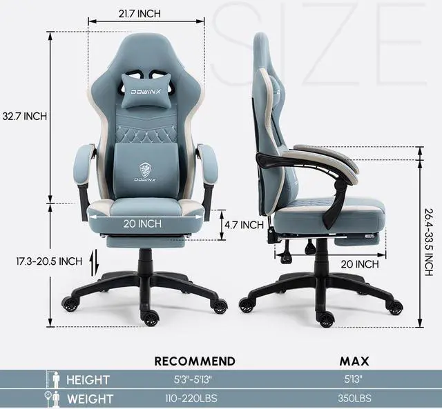 Alt view image 7 of 7 - Dowinx Gaming Chair with Pocket Spring Cushion, Breathable Fabric Computer Chair with Gel Pad, Comfortable Office Chair with Storage Bag, Massage Game Chair with Footrest, Blue
