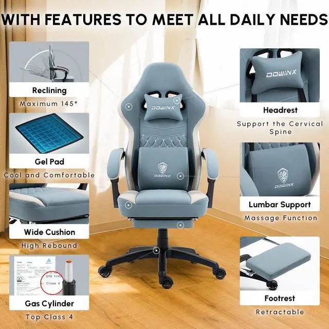 Alt view image 6 of 7 - Dowinx Gaming Chair with Pocket Spring Cushion, Breathable Fabric Computer Chair with Gel Pad, Comfortable Office Chair with Storage Bag, Massage Game Chair with Footrest, Blue