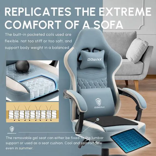 Alt view image 2 of 7 - Dowinx Gaming Chair with Pocket Spring Cushion, Breathable Fabric Computer Chair with Gel Pad, Comfortable Office Chair with Storage Bag, Massage Game Chair with Footrest, Blue