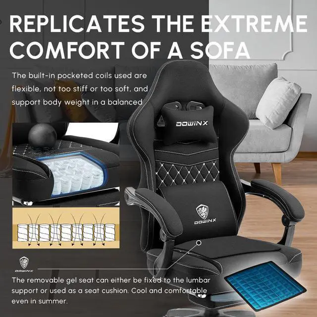 Alt view image 2 of 7 - Dowinx Gaming Chair with Pocket Spring Cushion, Breathable Fabric Computer Chair with Gel Pad, Comfortable Office Chair with Storage Bag, Massage Game Chair with Footrest, Black