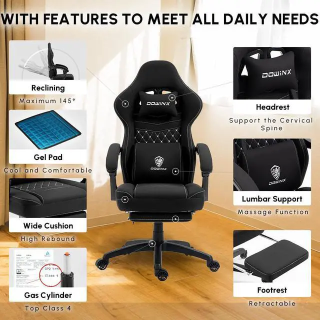 Alt view image 6 of 7 - Dowinx Gaming Chair with Pocket Spring Cushion, Breathable Fabric Computer Chair with Gel Pad, Comfortable Office Chair with Storage Bag, Massage Game Chair with Footrest, Black