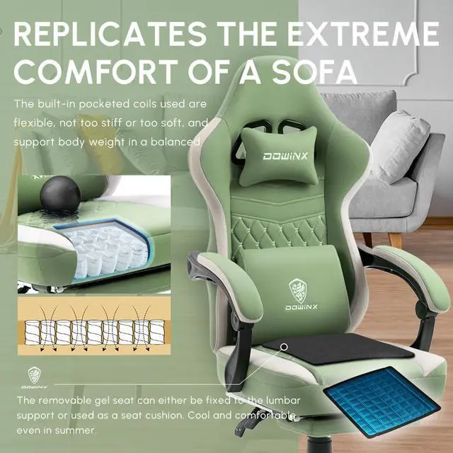 Alt view image 2 of 7 - Dowinx Gaming Chair with Pocket Spring Cushion, Breathable Fabric Computer Chair with Gel Pad, Comfortable Office Chair with Storage Bag, Massage Game Chair with Footrest, Green