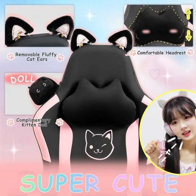 Alt view image 3 of 7 - Dowinx Cute Cat-Ear Gaming Chair with Massaging Lumbar Support, Ergonomic Computer Gaming Chair for Girl and Adults, Reclining Comfort Game Chair with Footrest, Black