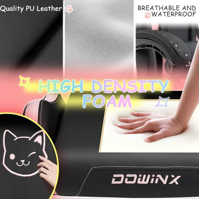 Alt view image 4 of 7 - Dowinx Cute Cat-Ear Gaming Chair with Massaging Lumbar Support, Ergonomic Computer Gaming Chair for Girl and Adults, Reclining Comfort Game Chair with Footrest, Black
