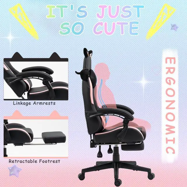 Alt view image 5 of 7 - Dowinx Cute Cat-Ear Gaming Chair with Massaging Lumbar Support, Ergonomic Computer Gaming Chair for Girl and Adults, Reclining Comfort Game Chair with Footrest, Black