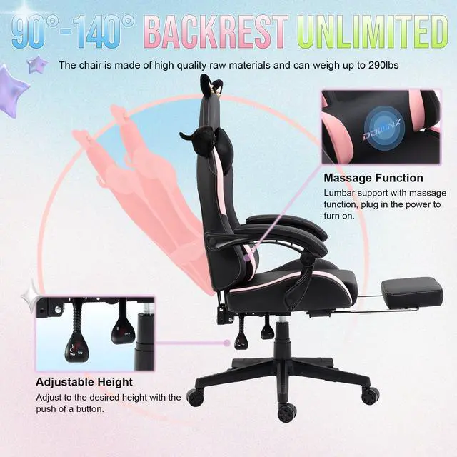 Alt view image 6 of 7 - Dowinx Cute Cat-Ear Gaming Chair with Massaging Lumbar Support, Ergonomic Computer Gaming Chair for Girl and Adults, Reclining Comfort Game Chair with Footrest, Black