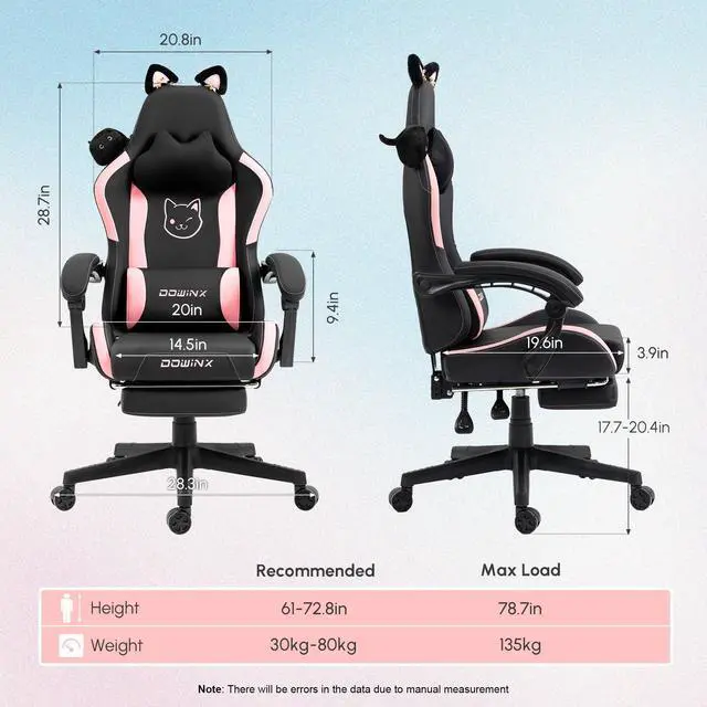 Alt view image 7 of 7 - Dowinx Cute Cat-Ear Gaming Chair with Massaging Lumbar Support, Ergonomic Computer Gaming Chair for Girl and Adults, Reclining Comfort Game Chair with Footrest, Black