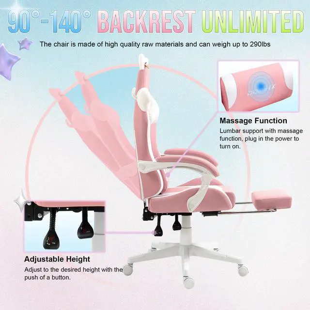 Alt view image 6 of 7 - Dowinx Cute Cat-Ear Gaming Chair with Massaging Lumbar Support, Ergonomic Computer Gaming Chair for Girl and Adults, Reclining Comfort Game Chair with Footrest, Pink