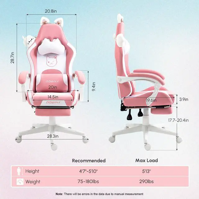 Alt view image 7 of 7 - Dowinx Cute Cat-Ear Gaming Chair with Massaging Lumbar Support, Ergonomic Computer Gaming Chair for Girl and Adults, Reclining Comfort Game Chair with Footrest, Pink