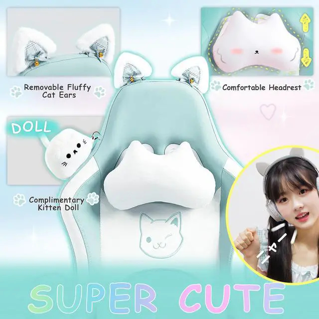 Alt view image 3 of 7 - Dowinx Cute Cat-Ear Gaming Chair with Massaging Lumbar Support, Ergonomic Computer Gaming Chair for Girl and Adults, Reclining Comfort Game Chair with Footrest, Blue