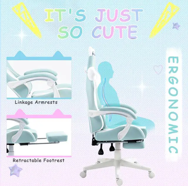 Alt view image 5 of 7 - Dowinx Cute Cat-Ear Gaming Chair with Massaging Lumbar Support, Ergonomic Computer Gaming Chair for Girl and Adults, Reclining Comfort Game Chair with Footrest, Blue