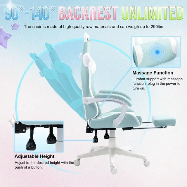 Alt view image 6 of 7 - Dowinx Cute Cat-Ear Gaming Chair with Massaging Lumbar Support, Ergonomic Computer Gaming Chair for Girl and Adults, Reclining Comfort Game Chair with Footrest, Blue
