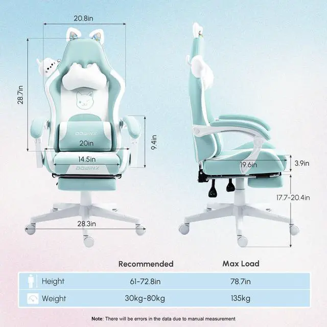Alt view image 7 of 7 - Dowinx Cute Cat-Ear Gaming Chair with Massaging Lumbar Support, Ergonomic Computer Gaming Chair for Girl and Adults, Reclining Comfort Game Chair with Footrest, Blue