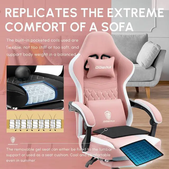 Alt view image 2 of 7 - Dowinx Gaming Chair with Pocket Spring Cushion, Breathable Fabric Computer Chair with Gel Pad, Comfortable Office Chair with Storage Bag, Massage Game Chair with Footrest, Pink