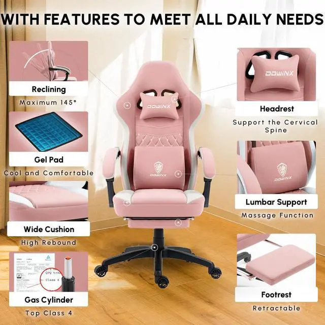 Alt view image 3 of 7 - Dowinx Gaming Chair with Pocket Spring Cushion, Breathable Fabric Computer Chair with Gel Pad, Comfortable Office Chair with Storage Bag, Massage Game Chair with Footrest, Pink