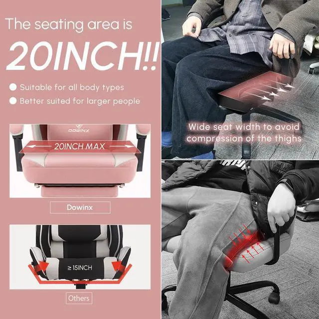Alt view image 4 of 7 - Dowinx Gaming Chair with Pocket Spring Cushion, Breathable Fabric Computer Chair with Gel Pad, Comfortable Office Chair with Storage Bag, Massage Game Chair with Footrest, Pink