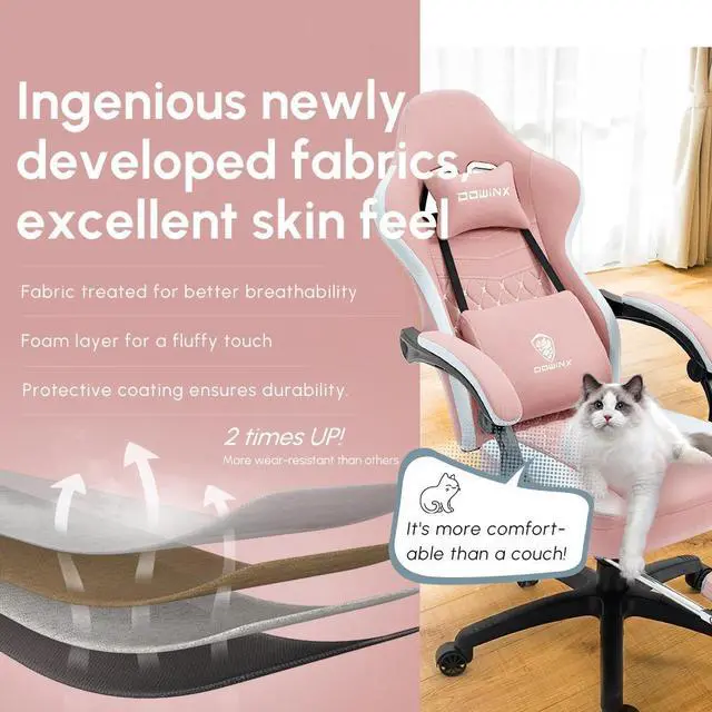 Alt view image 5 of 7 - Dowinx Gaming Chair with Pocket Spring Cushion, Breathable Fabric Computer Chair with Gel Pad, Comfortable Office Chair with Storage Bag, Massage Game Chair with Footrest, Pink