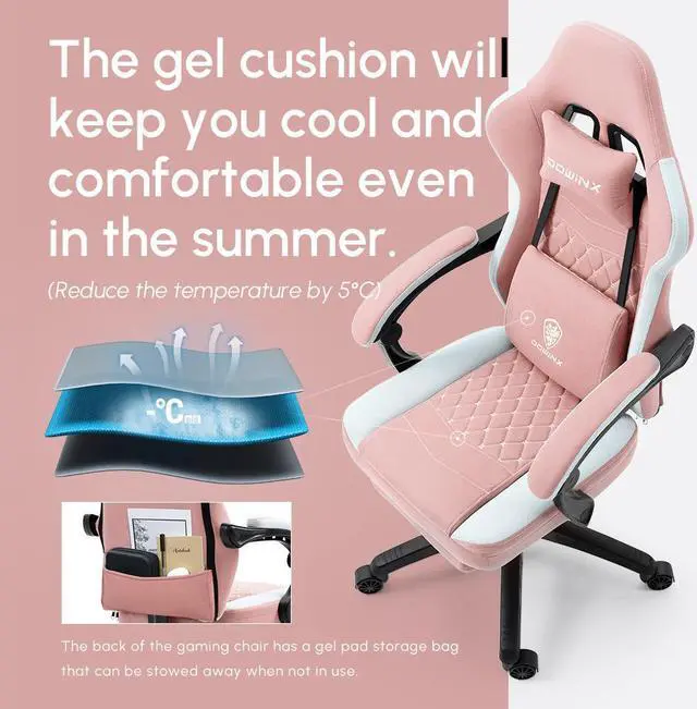 Alt view image 6 of 7 - Dowinx Gaming Chair with Pocket Spring Cushion, Breathable Fabric Computer Chair with Gel Pad, Comfortable Office Chair with Storage Bag, Massage Game Chair with Footrest, Pink