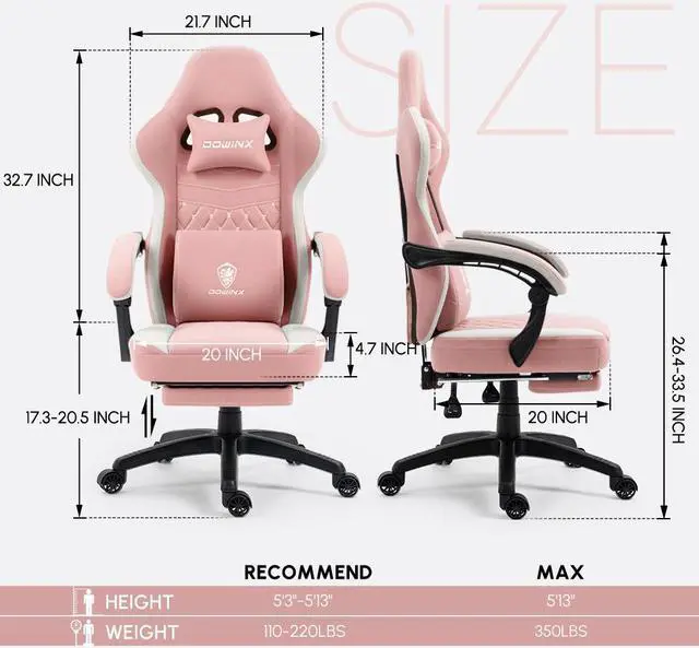 Alt view image 7 of 7 - Dowinx Gaming Chair with Pocket Spring Cushion, Breathable Fabric Computer Chair with Gel Pad, Comfortable Office Chair with Storage Bag, Massage Game Chair with Footrest, Pink