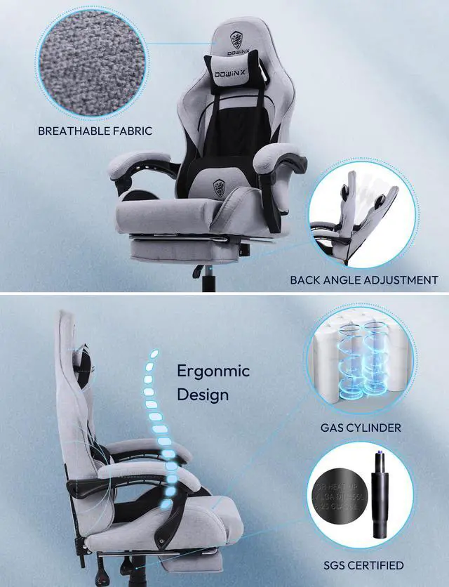 Alt view image 3 of 7 - Dowinx Fabric Gaming Chair with Pocket Spring Cushion, Ergonomic Computer Chair with Footrest, Cloth Gamer Chair with Massage Lumbar Support and Headrest, Light Grey
