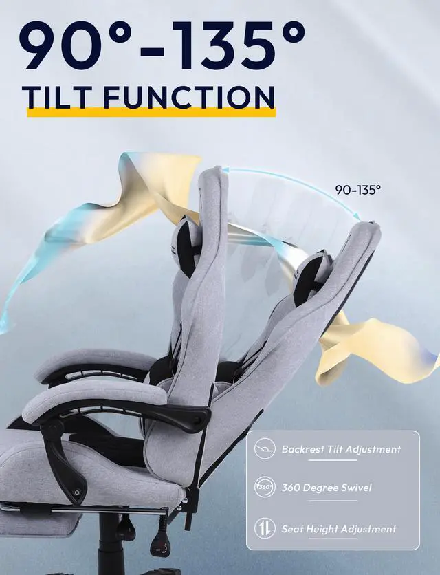 Alt view image 4 of 7 - Dowinx Fabric Gaming Chair with Pocket Spring Cushion, Ergonomic Computer Chair with Footrest, Cloth Gamer Chair with Massage Lumbar Support and Headrest, Light Grey
